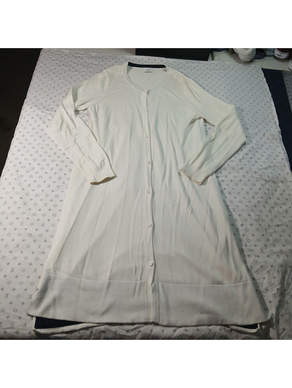 Crown & Ivy White Longline Cardigan Duster Open Front Cotton Rayon Size L